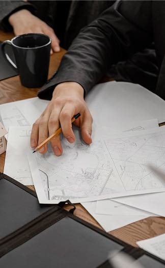Main tenant de plan architectural avec crayon et tasse de café