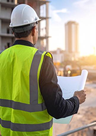 Homme en gilet de sécurité jaune regardant un plan de construction