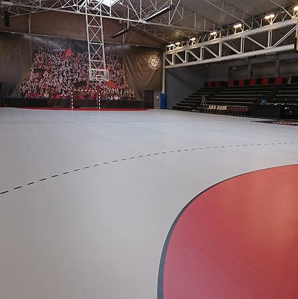 Intérieur d'une salle de sport avec un terrain de basket / handball